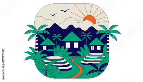 tropical island resort with palm trees and sun