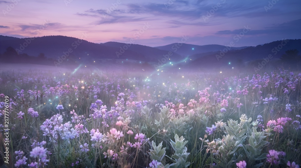 Obraz premium Enchanted meadow at twilight with glowing fireflies, magical purple flower field in misty mountain landscape, ethereal nature background