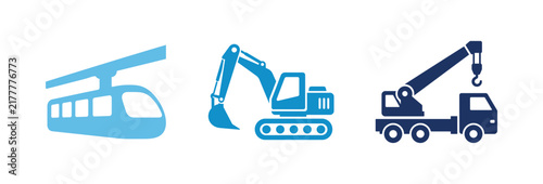 Industrial vehicle icons set featuring a cable car excavator and mobile crane truck.