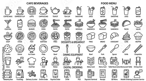 Foto Modern Restaurant Cafe Web Icon Collection with Food Menu, Coffee, Beverages, De