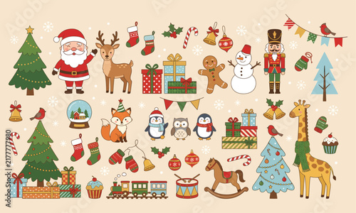 Whimsical Christmas Elements with Santa Claus and Woodland Animals in Festive Holiday Celebration