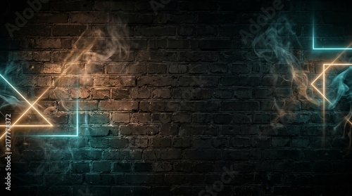 Glowing neon triangles cast vibrant blue and amber light against a weathered brick wall, creating a dynamic interplay of shadow and luminance that evokes urban nightlife and digital energy