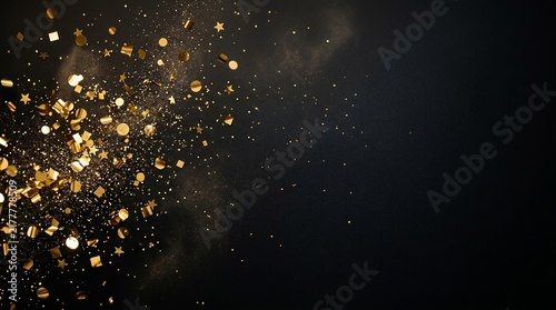 Golden sparkling particles drift gracefully across a deep dark expanse, creating a mesmerizing celestial effect that evokes wonder and magic in every viewer’s imagination without relying