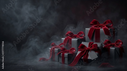 A cluster of silver gift boxes adorned with vibrant red ribbons rests dramatically against a smoky, shadowy backdrop, evoking mystery and festive anticipation for holiday celebrations or special