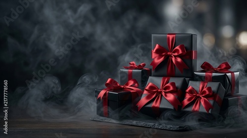 A stack of glossy black gift boxes adorned with vibrant red ribbons sits on a dark surface, surrounded by swirling mist under dramatic low lighting that enhances the festive and mysterious