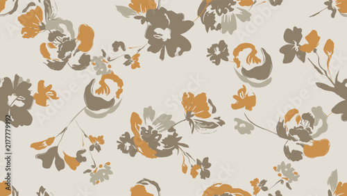 Floral seamless pattern features brown peonies and wildflowers silhouettes on a light brown background. The flowers have a painterly, slightly abstract quality