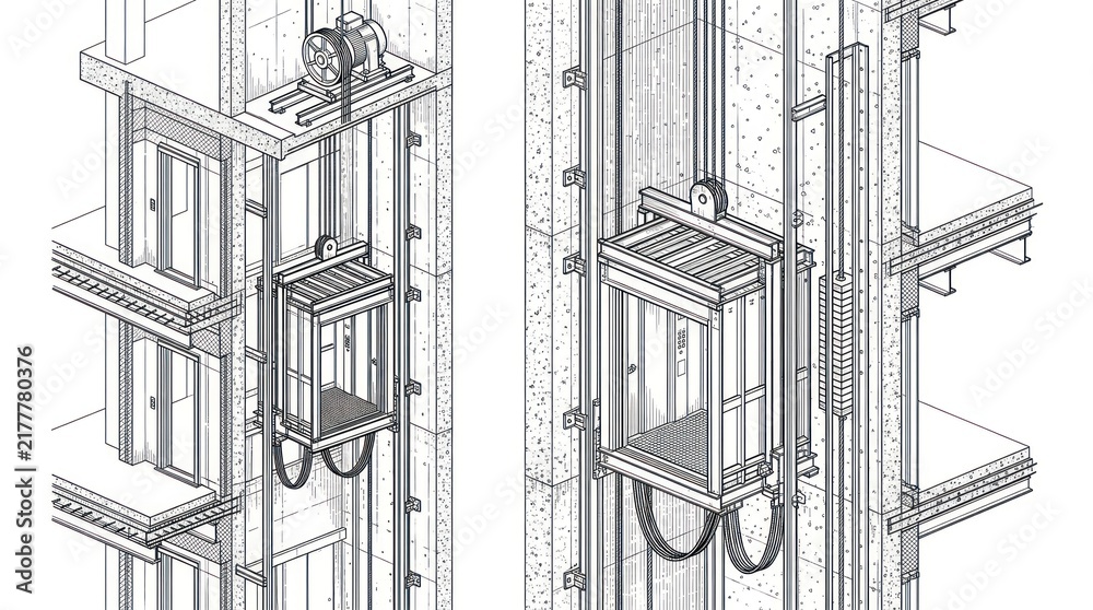 Fototapeta premium Creative Architectural Elevator Shaft and Hoist Mechanism Detailed Technical Line Drawing in Monochrome