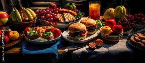 Abundant Gourmet Food Spread with Fruits and Burgers