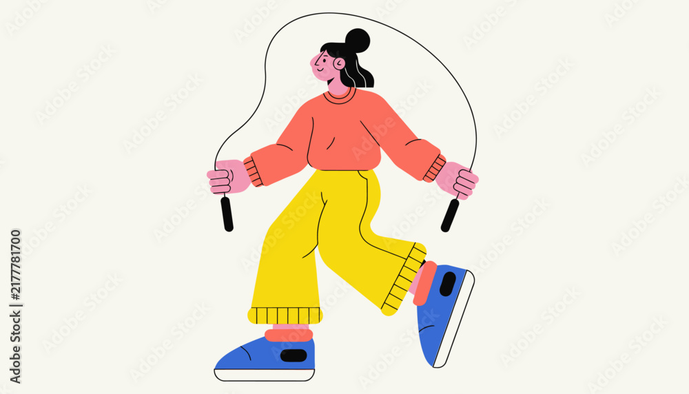 Fototapeta premium Woman jumping rope, illustration of girl in casual clothes