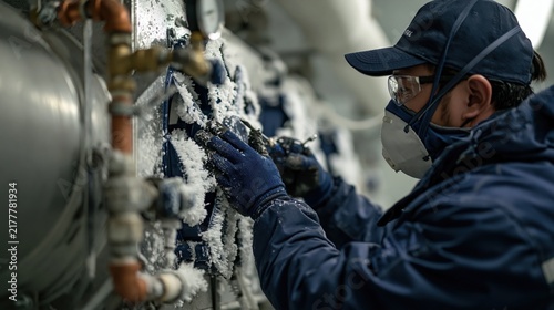 Obraz na płótnie Refrigeration Engineer Inspecting Cold Room Equipment