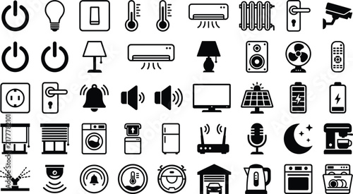 Icons Set with Various Symbols, Representing Technology, Home Appliances, and Electrical Devices