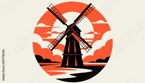 Vintage windmill silhouette at sunset, circular graphic design, graphic resource, retro style illustration