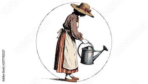 Vintage Woman Gardener Watering Can, Victorian Era Farmer Woman in Straw Hat, Historical Illustration