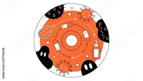 Virus and bacteria cycle with medical capsules and sanitizer illustration