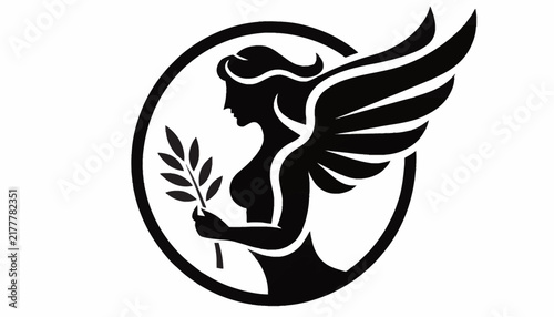 Virgo Zodiac Symbol Silhouette, Astrological Sign Illustration, Woman with Wings Holding Wheat Ear, Black and White Vector Graphic