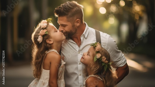 Father sharing a tender moment with daughters