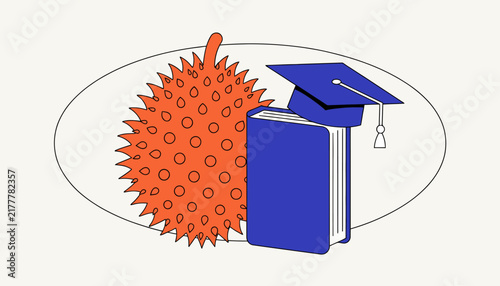 Virus Education Concept: Book with Graduation Cap and Coronavirus Icon - Learning About Disease Spread
