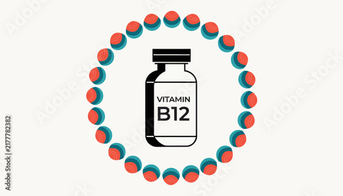Vitamin B12 supplement bottle and molecular structure