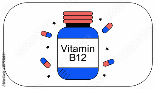 Vitamin B12 supplement bottle and capsules