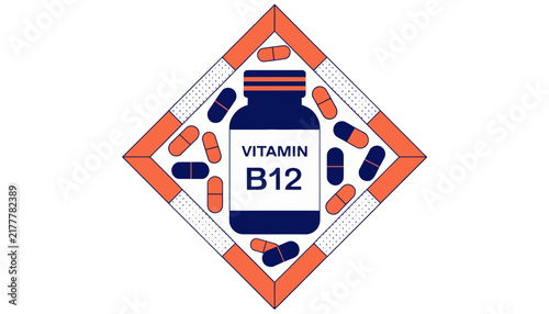 Vitamin B12 supplement label with pills