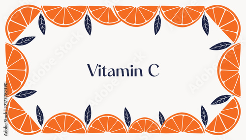 Vitamin C label with orange slices and leaves