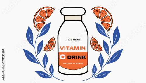 Vitamin C drink bottle with orange slices and leaves