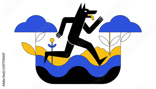 wolf running in a fantasy landscape with clouds and plants