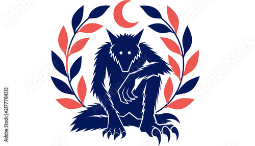 wolf sitting in leaves and crescent moon