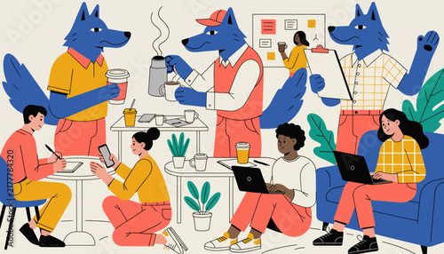 wolf, blue, people, coffee, laptop, office, workspace, coworking, business, meeting, teamwork, discussion, brainstorm, collaboration, communication