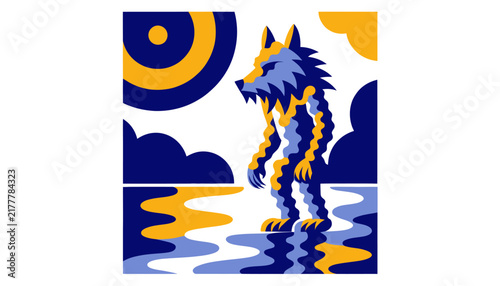 wolf standing in water with sun and clouds