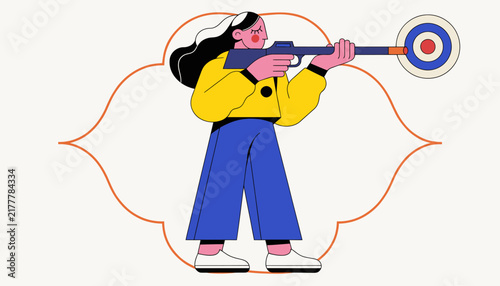 Woman Aiming Rifle at Target, Focus and Precision Concept