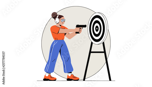 woman aiming gun at target, focus and precision