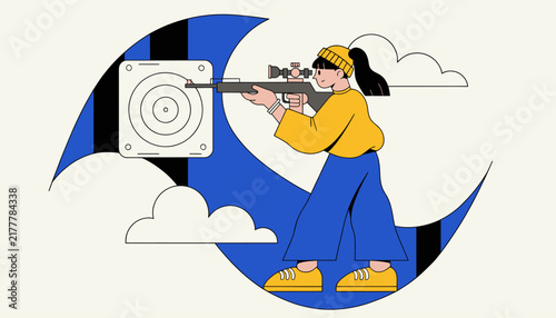 woman aiming rifle at target with scope, cartoon style