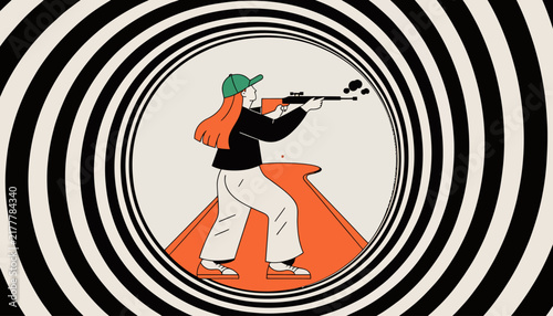 woman aiming rifle in surreal black and white tunnel