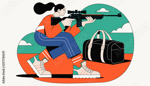 Woman aiming rifle outdoors with duffel bag