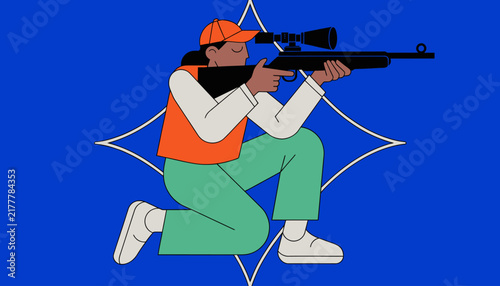 woman aiming rifle, illustration of a female hunter