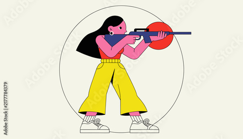 woman aiming rifle, target practice, illustration