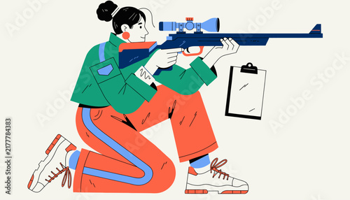 woman aiming rifle, illustration of female shooter in action