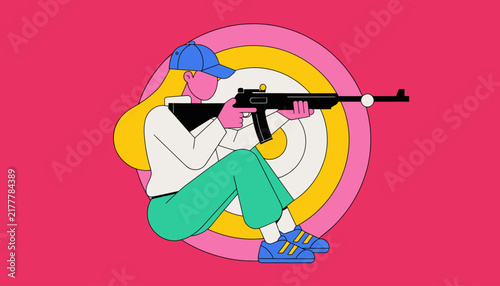 Woman aiming toy gun at target, playful and fun illustration