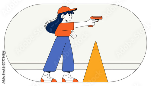 woman aiming toy gun, playful target practice