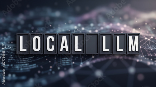 「LOCAL LLM」の文字を立体プレートで表現した人工知能のコンセプト背景素材