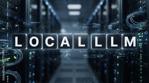 データセンターサーバーと「LOCAL LLM」の文字を表現した3Dコンセプト画像