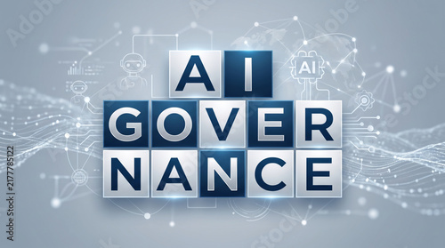「AI GOVERNANCE」の文字を立体的なブロックでデザインしたビジネスグラフィック
