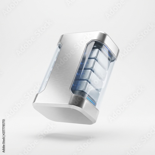 Futuristic 3D metallic energy storage battery cell with glass window isolated on white background.