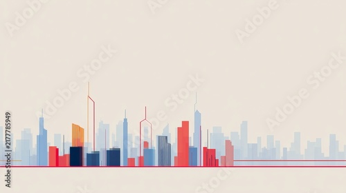 Minimalist cityscape illustration featuring colorful modern skyscrapers and towers
