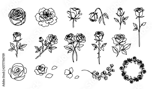 Continuous One Line Rose Botanical Flower Hand Drawn Line Art Vector Collection