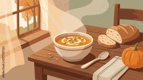 Warm Creamy Pumpkin Soup Bowl Served With Crusty Bread on a Wooden Table by a Sunny Window in Autumn