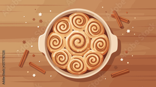 Freshly Baked Cinnamon Rolls with Glaze in a Ceramic Baking Dish on a Rustic Wooden Table with Cinnamon Sticks