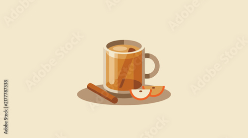 Warm apple cider illustration in glass mug with cinnamon sticks and autumn fruit slices
