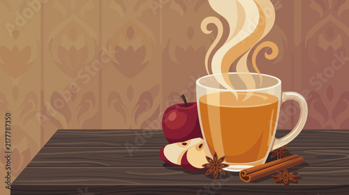 Cozy Autumnal Hot Apple Cider with Cinnamon Sticks and Star Anise on a Dark Wooden Table Background